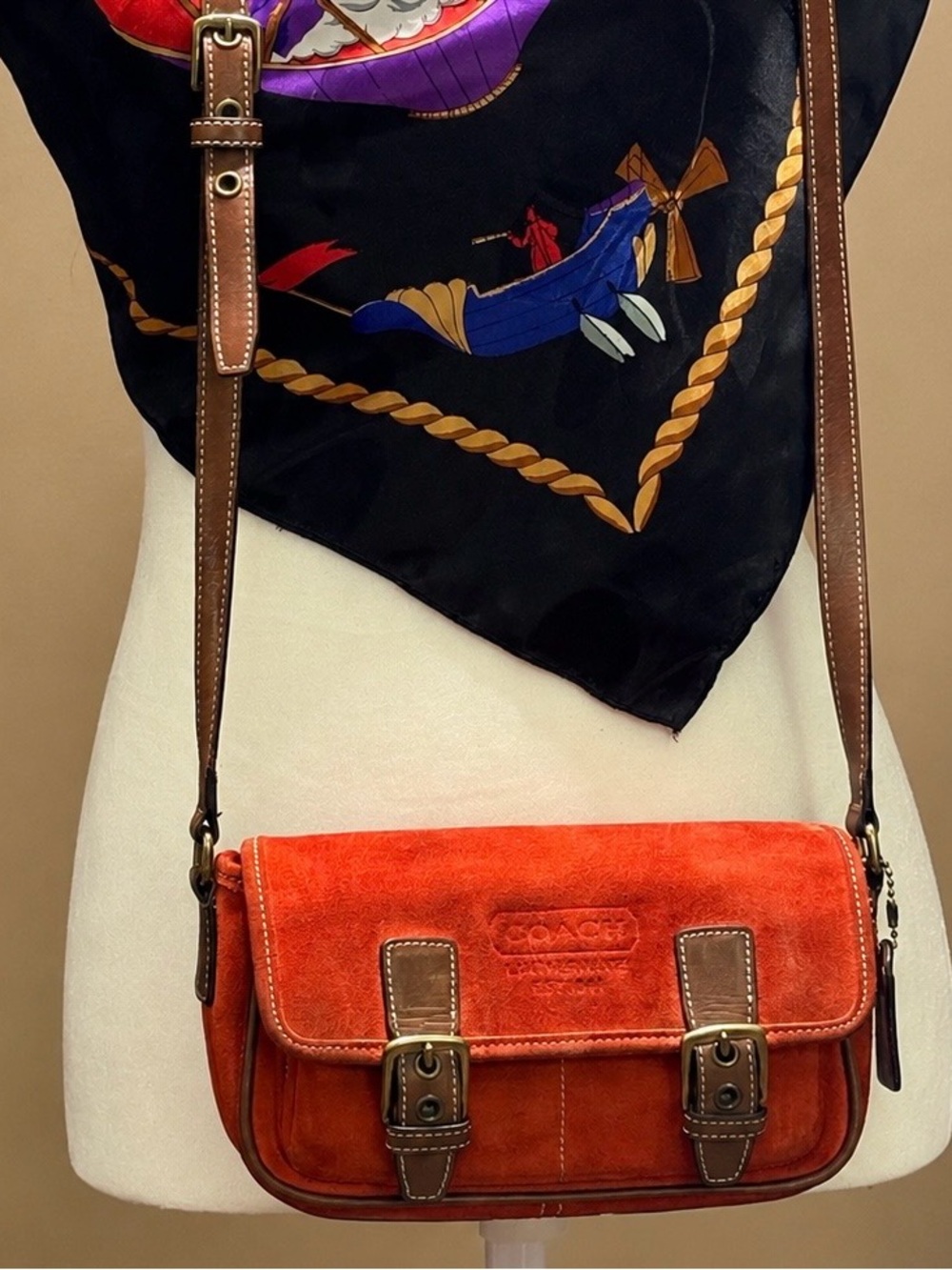 Coach Orange Suede Crossbody with Brown Leather Trim